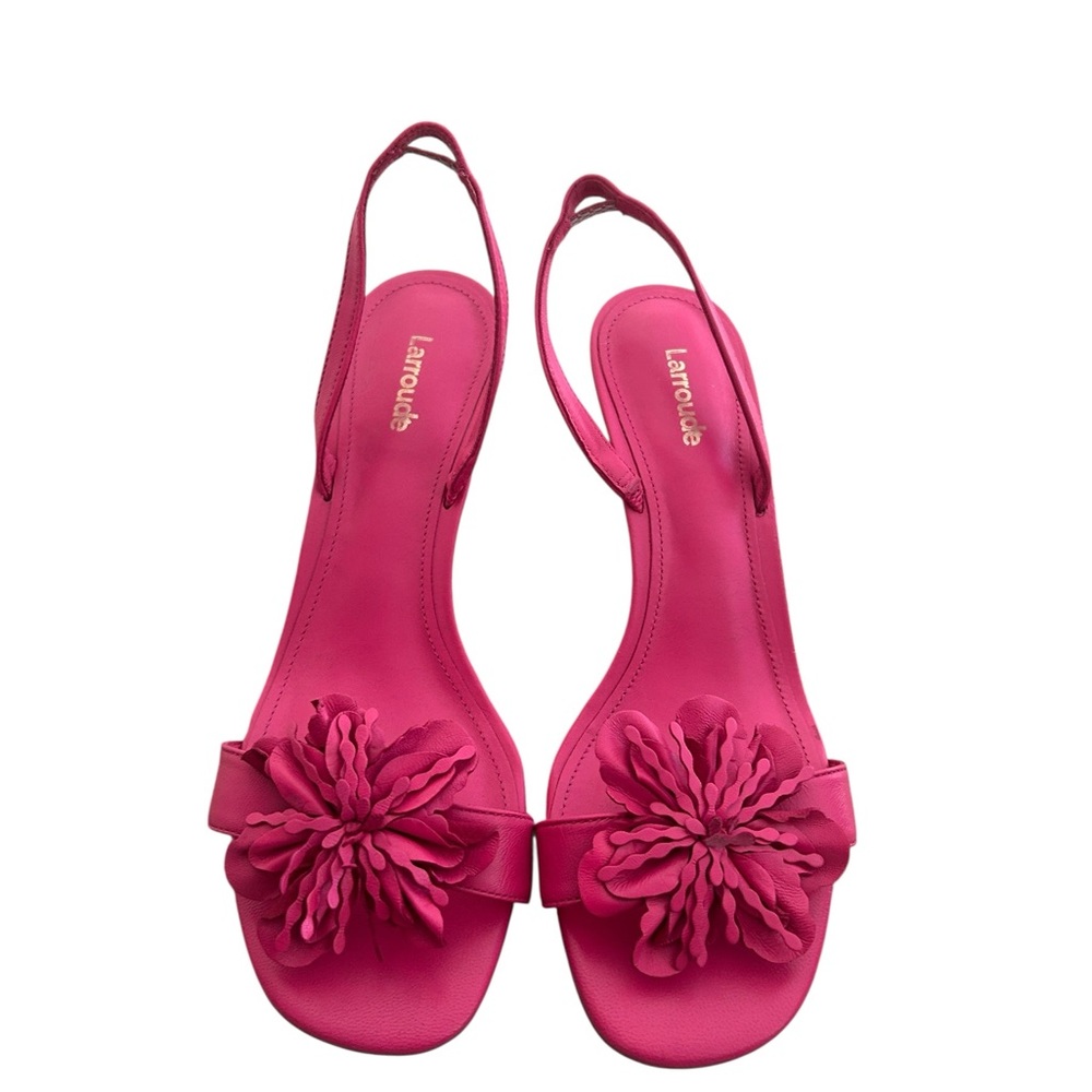 Larroude Fuchsia pink hibiscus Flower slingback heeled sandals in box size 8.5 - Picture 4 of 15